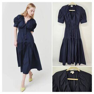 A.L.C. Blue Becca Midi Dress with Puff Sleeves and Flared Skirt Women's Size 8